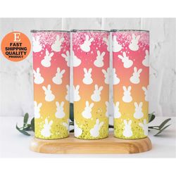 colorful background white bunny steel tumbler, cute bunny tumbler with vibrant design, easter bunny stainless steel tumb
