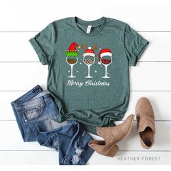 merry christmas shirt, wine glass santa hat shirt, christmas party shirt, leopard plaid reindeer shirt, wine lover shirt