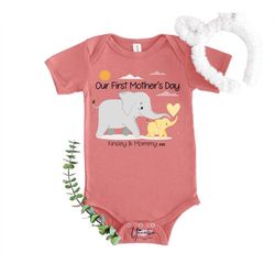 first 1st mother's day baby onesies, personalized gift for new mom, boho hipster baby kids shirt , mommy and baby elepha