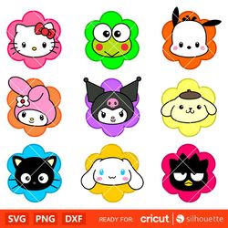 flower sanrio characters bundle svg, sanrio svg, hello kitty svg, kawaii svg, cricut, silhouette vector cut file