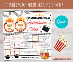 editable canva hollywood movie themed teacher appreciation week schedule, pto,red carpet appreciation week itinerary,