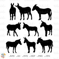 donkey svg, donkey silhouette, donkey cricut, cutting files, stencil template dxf, clipart png, farm animal svg