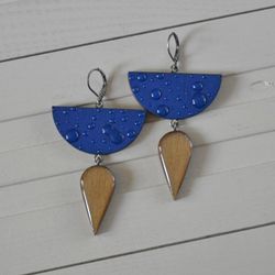 wooden earrings geometry silver plating blue and gold colors