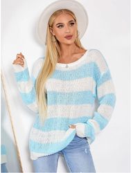 contrast color long sleeve crew neck loose knit sweater