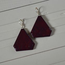 minimalism large earrings wooden and silver-plated burgundy color drops