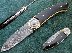 damascus steel folding knife , custom hand made damascus pocket knife