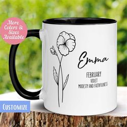 February Birth Flower Mug Personalized, Violet Floral Mug, Custom Name Mug, Gift for Women, Birthday Coffee Mug, Tea Mug