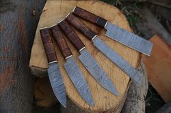 handmade damascus steel beautiful chef set with wood iron wood handle. best kitchen knives set with leather kit