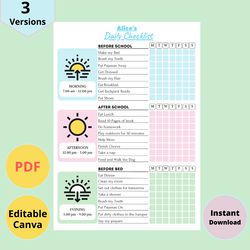 editable daily checklist for kids, kids daily school checklist schedule printable, editable chore chart, daily routine