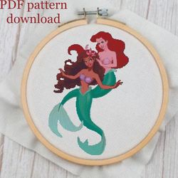 little mermaid cross stitch pattern, modern easy embroidery, live action cartoon princess