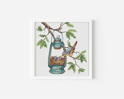 bird nest cross stitch digital file, lantern cross stitch pattern pdf, bird tapestry cross stitch, instant download