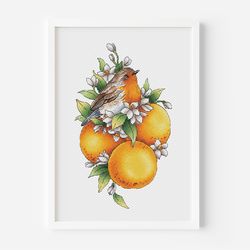 bird cross stitch digital file, flower cross stitch beginner needlepoint, embroidery design pattern pdf, orange