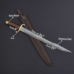 custom hand forged damascus steel viking sword, best quality, battle ready sword, gift for him come with leather sheath.