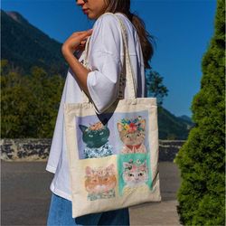 floral cats tote bag -aesthetic tote bag,artsy tote bag,art tote bag,aesthetic tote,cat tote bag,cat bag,cat canvas tote