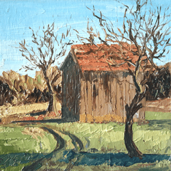 barn original oil painting small rural landscape wall art.