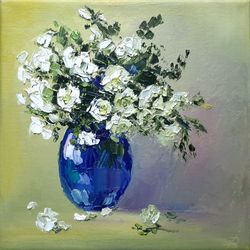 white roses vase original oil impasto painting flowers square artwork