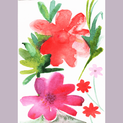 red and purple watercolor floral abstract painting. small watercolour floral illustration art print