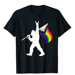 bigfoot rock on lgbtq progressive new pride flag t-shirt