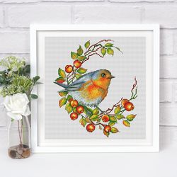 bird and rosehip branch cross stitch pattern pdf, bird cross stitch, dog-rose cross stitch, rosehip berries cross stitch