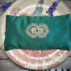 scented weighted eye pillow for relaxation & sleep, forest green mulberry silk case, lavender and fflaxseed