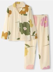 women floral print button front revere collar cozy pajamas sets