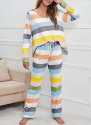 plus size women colorful horizontal stripe drawstring pants loungewear pajamas sets