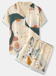 women bird print revere collar frills trim short sleeve pajama sets