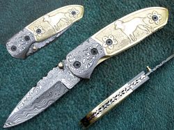 folding knife , custom hand made damascus steel blade pocket knife , fancy folding knife