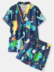 plus size women cotton cartoon dinosaur print v-neck short sleeve sauna clothes