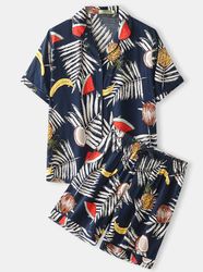 plus size women tropical fruit & leaf print revere collar casual pajama sets