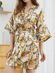 faux silk chain print short kimono half sleeve robe pajamas