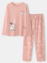 women cartoon animal print cotton crew neck rib loungewear pajamas sets