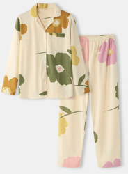 women floral print button front revere collar cozy pajamas sets