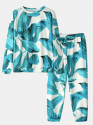 women all over plant leaf print crew neck loungewear pajamas sets