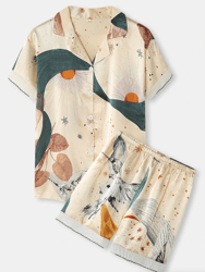 women bird print revere collar frills trim short sleeve pajama sets