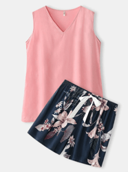 women v-neck pink tank top & floral print shorts cotton home pajama sets