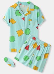 plus size women geometry print revere collar pajamas sets with eye cover