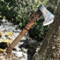 viking axe with ash wood handle. viking engraved axe. ancient odin viking hatchet. best men's gift. handmade gift