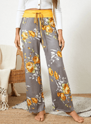 women plus size flowers print drawstring waist loose home casual pajamas pants