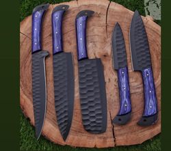 handmade carbon steel beautiful hammered blade chef set with blue pakka wood handle, handmade kitchen knives set,