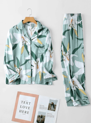 women flower print button front contrast binding long pajamas sets