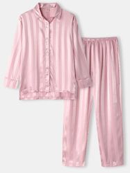 women striped satin button up high low hem smooth pajamas sets