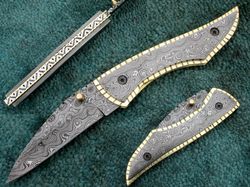 superior hand made folding knife , custom damascus steel pocket folding knife