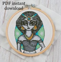 jasmine disney cross stitch pattern, modern easy embroidery, aladdin cartoon princess, original artwork tim burton style