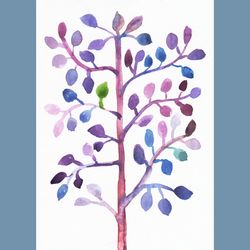 watercolor purple tree leaves painting sketch print. small creative botanic illustration sketch downloadable