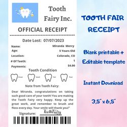 editable tooth fairy receipt printable certificate | first tooth lost | realistic tooth fairy letter | kids tooth fairy