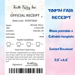 editable tooth fairy receipt printable certificate tooth record chart official visit first tooth lost tooth report