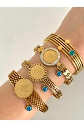 evil eye bead dangle barley chain detail gold color steel cuff bracelet