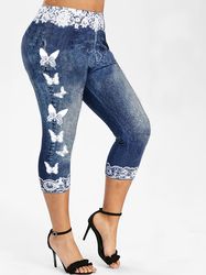 women's clothing,butterfly & denim print skinny leggings, stretchy high waist lifting yoga leggings