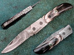 superior folding knife , custom hand made damascus steel folding blade knife